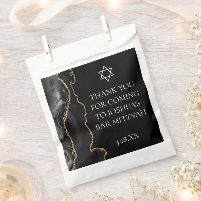 Chic Black Gold Agate Bar Mitzvah Custom Party Favour Bags (Clipped)