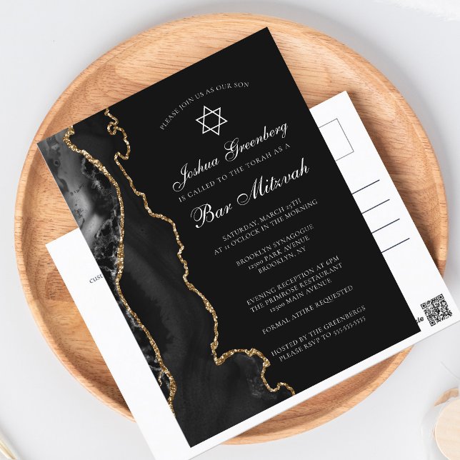 Chic Black Gold Agate Bar Mitzvah Party Invitation Postcard (Creator Uploaded)