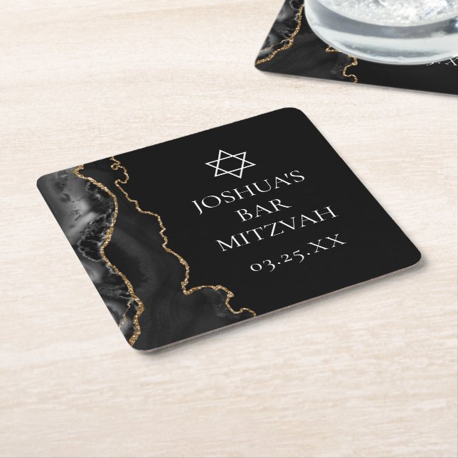Chic Black Gold Agate Bar Mitzvah Party Square Paper Coaster (Angled)