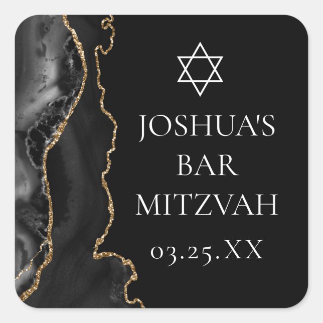 Chic Black Gold Agate Bar Mitzvah Party Square Sticker (Front)