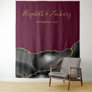 Chic Black Gold Agate Burgundy Wedding Photo Booth Tapestry