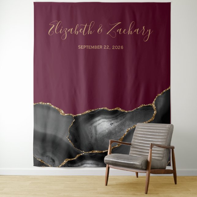 Chic Black Gold Agate Burgundy Wedding Photo Booth Tapestry (In Situ)