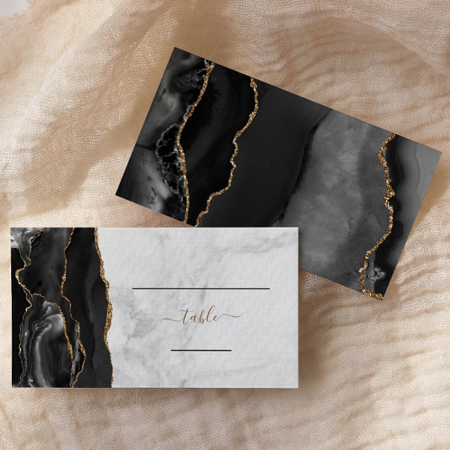 Chic Black Gold Agate Marble Wedding Escort Place Card (Creator Uploaded)