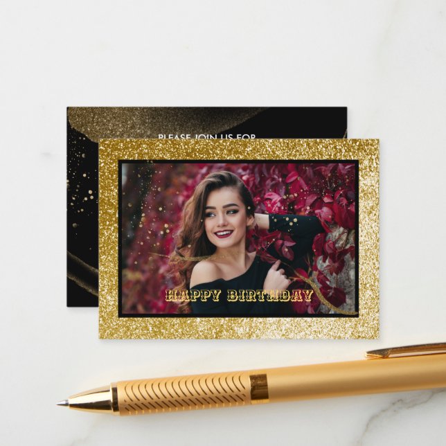 Chic Black & Gold Birthday Party  Enclosure Card (Front/Back In Situ)