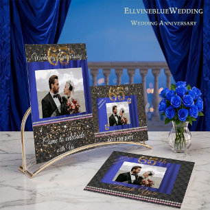 Chic Black Gold Blue Silk 65th Wedding Anniversary Invitation