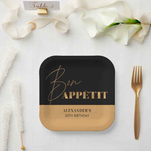Chic Black Gold Bon Appétit Script Birthday  Paper Plate (Wedding)