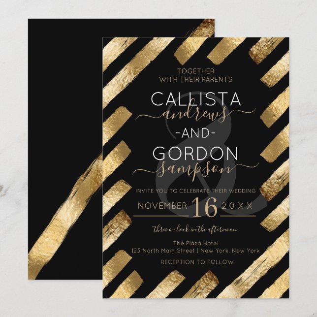 Chic Black Gold Brushstroke Stripe Border Wedding Invitation (Front/Back)