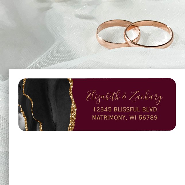 Chic Black Gold Burgundy Wedding Return Address (Creator Uploaded)