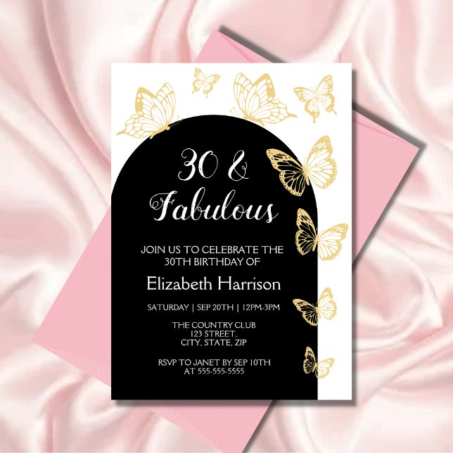 Chic Black Gold Butterflies Fabulous Birthday Invitation (Creator Uploaded)