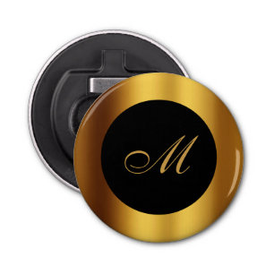 Chic Black Gold Calligraphy Border Monogram Bottle Opener