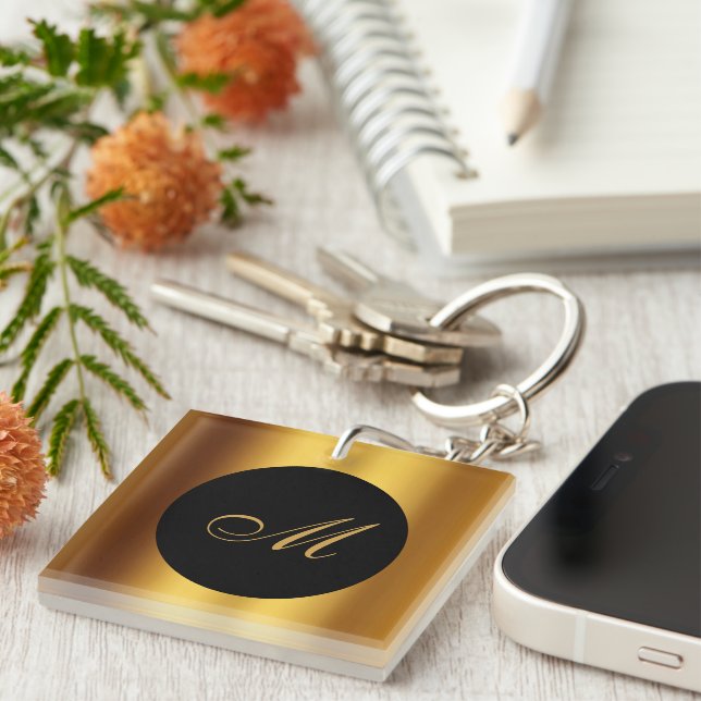 Chic Black Gold Calligraphy Border Monogram Key Ring (Front Right)