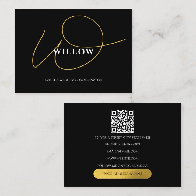 Chic Black & Gold Calligraphy Script QR Code Business Card (Front/Back)