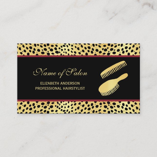 Chic Black Gold Cheetah Print Hairstylist Salon Business Card (Front)