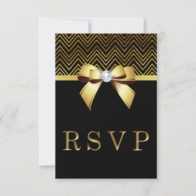 Chic Black Gold Chevrons Diamond Bow RSVP Card (Front)