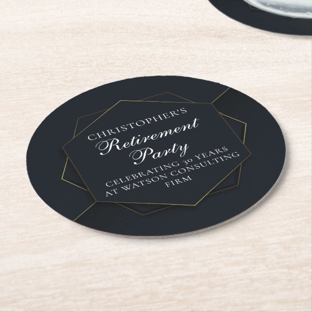 Chic Black Gold Custom Retirement Party Round Paper Coaster (Angled)