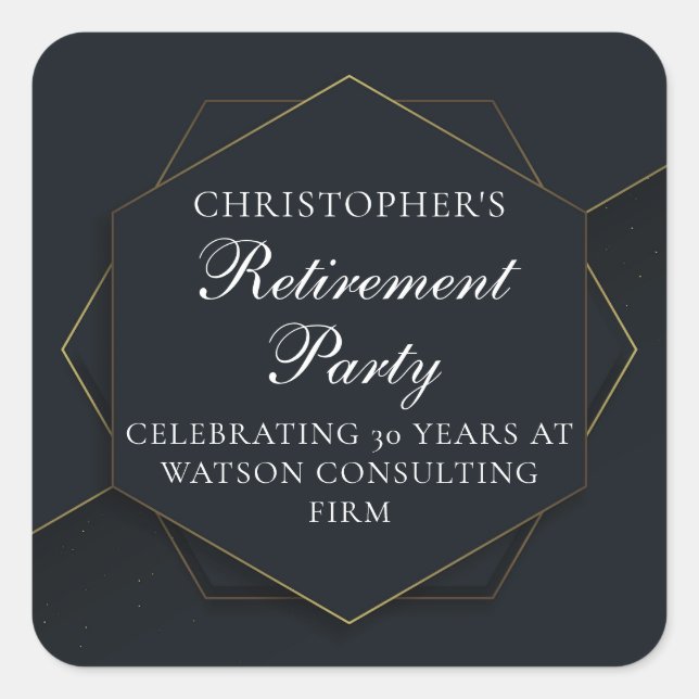 Chic Black Gold Custom Retirement Party Square Sticker (Front)
