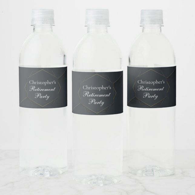 Chic Black Gold Custom Retirement Party Water Bottle Label (Bottles)