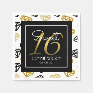 Chic Black & Gold Diamond 16th Birthday Custom Napkin
