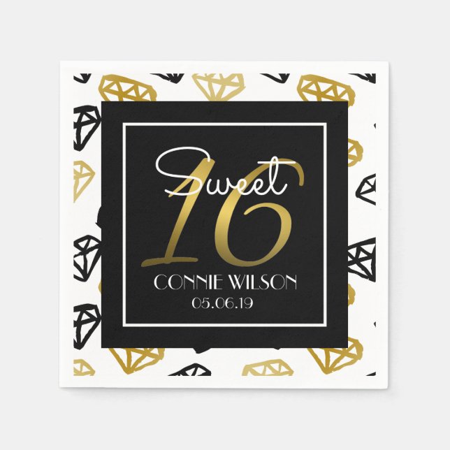 Chic Black & Gold Diamond 16th Birthday Custom Napkin (Front)