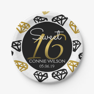 Chic Black & Gold Diamond 16th Birthday Custom Paper Plate