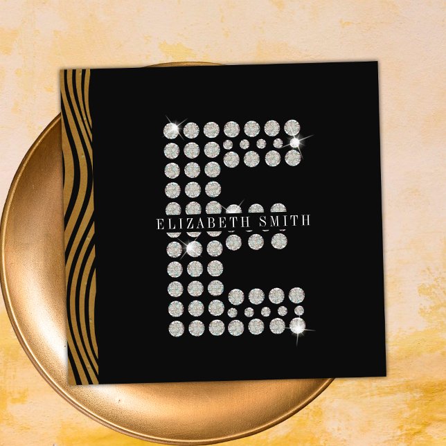 Chic Black Gold Diamond Initial E Monogram QR Code Square Business Card (Front)