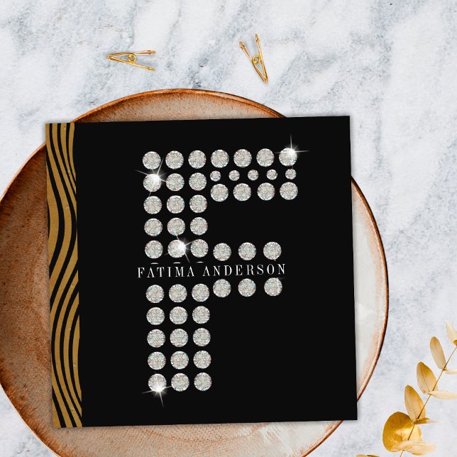 Chic Black Gold Diamond Initial F Monogram QR Code Square Business Card (Front)