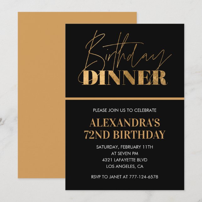 Chic Black Gold Dinner 72nd birthday invitation  (Front/Back)