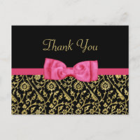 Chic Black Gold Floral Damask Pink Bow Thank You
