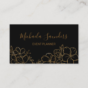 Chic Black Gold Floral Line Drawing Event Planner Business Card