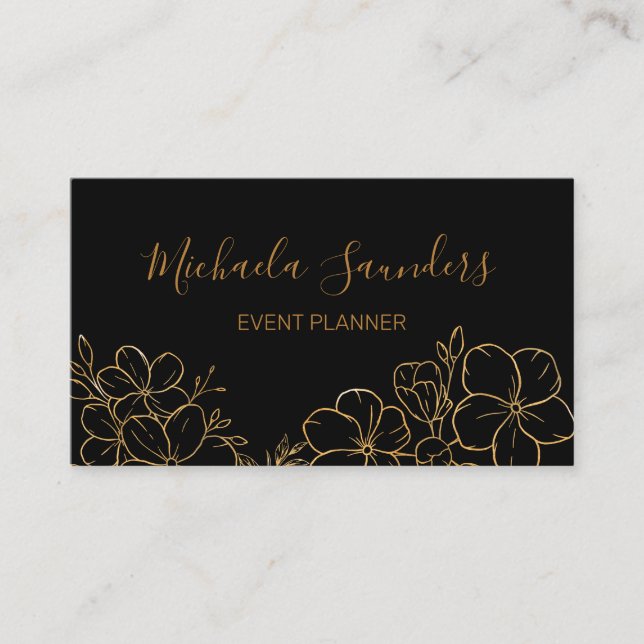 Chic Black Gold Floral Line Drawing Event Planner Business Card (Front)
