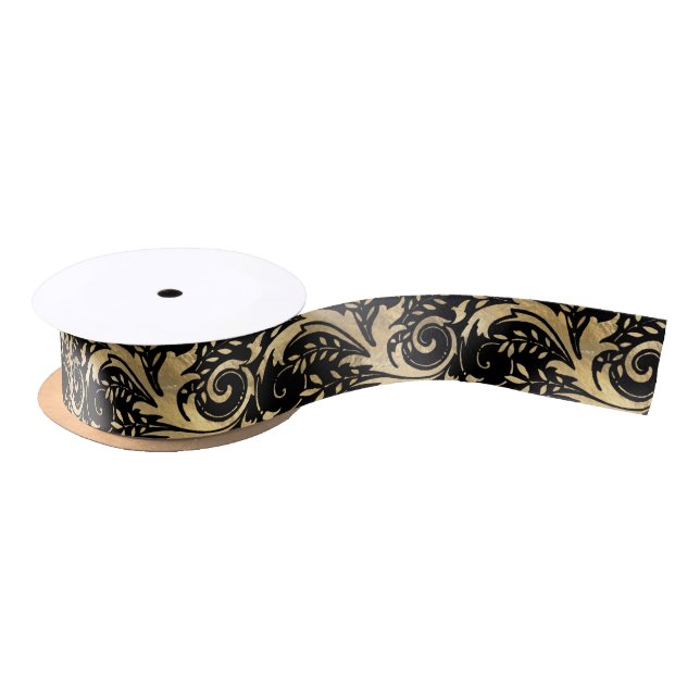 Chic Black Gold Floral Scroll Modern Pattern Satin Ribbon (Spool)