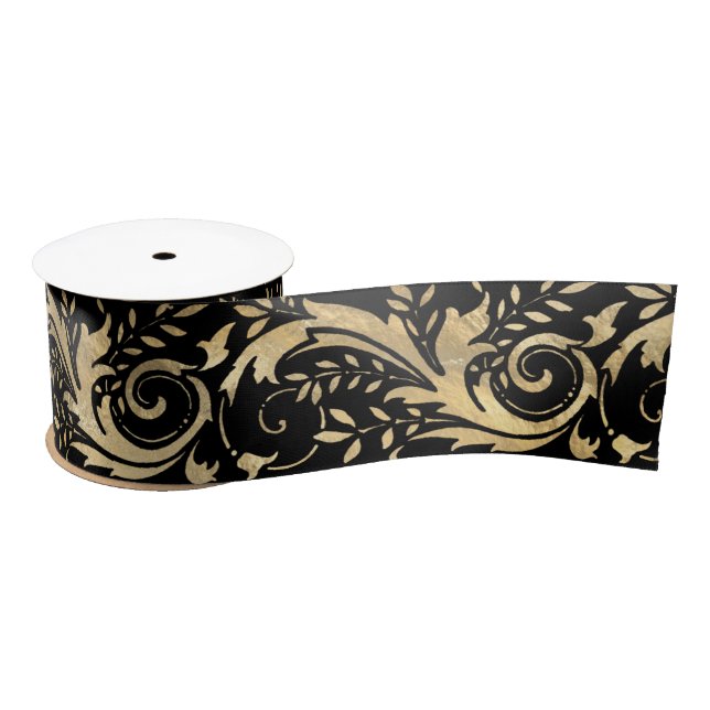 Chic Black Gold Floral Scroll Modern Pattern Satin Ribbon (Spool)