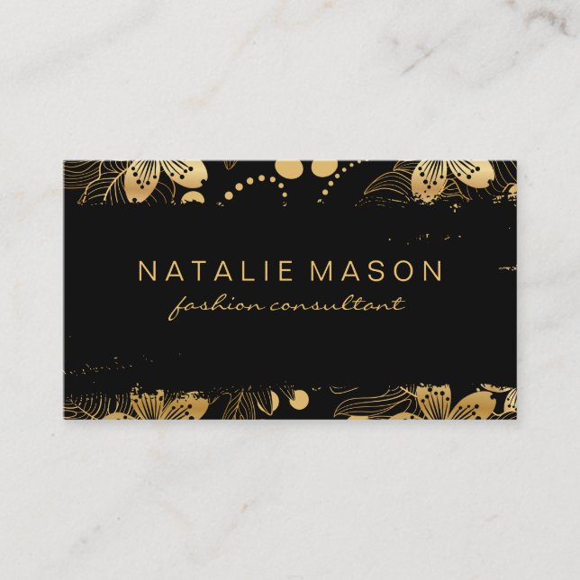 Chic Black Gold Flowers Business Card (Front)