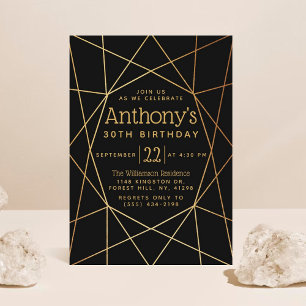 Chic Black & Gold Foil Geometric Pattern Birthday Invitation