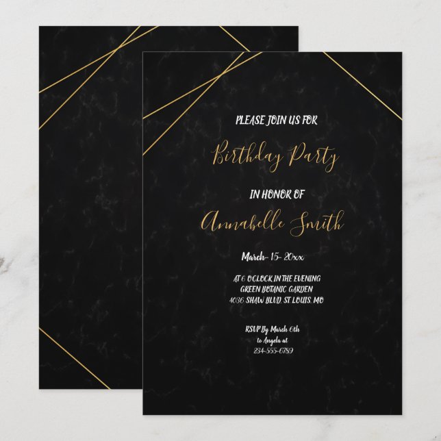 Chic Black & Gold Geometric frame Birthday Party Invitation (Front/Back)