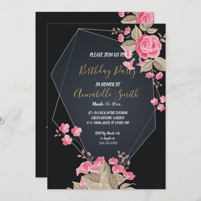 Chic Black & Gold Geometric frame Birthday Party Invitation (Front/Back)