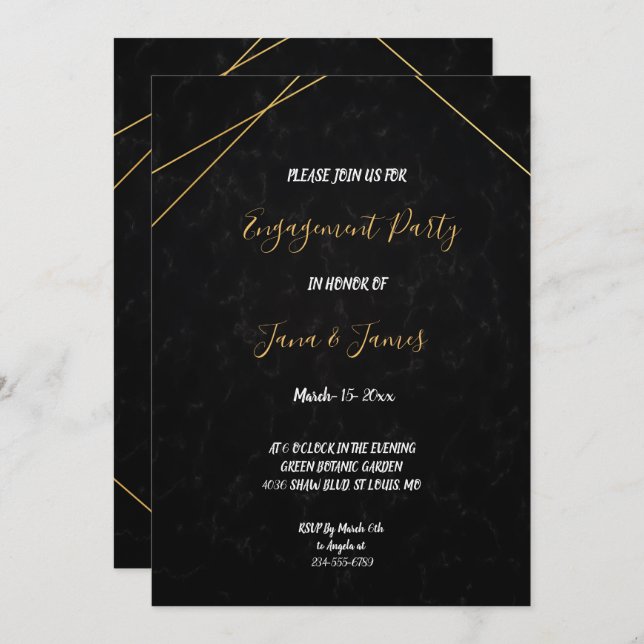 Chic Black & Gold Geometric frame Engagement Invitation (Front/Back)