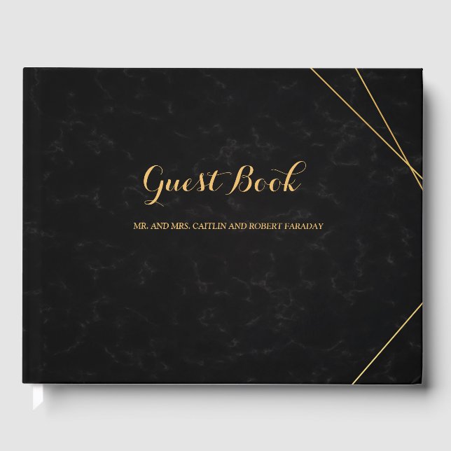 Chic Black & Gold Geometric frame guest Book (Front)