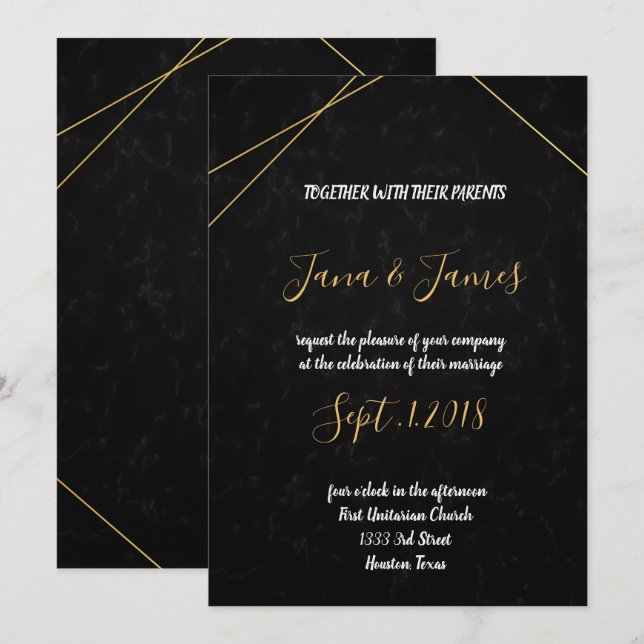 Chic Black & Gold Geometric frame Invitation (Front/Back)