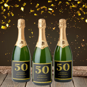 Chic Black & Gold Glitter 50th Birthday Sparkling Wine Label