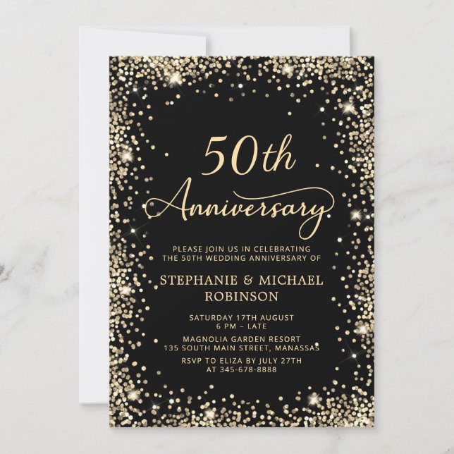 Chic Black Gold Glitter 50th Wedding Anniversary Invitation (Front)