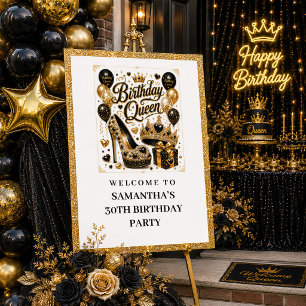 Chic Black Gold Glitter Birthday Queen Welcome Pos Poster