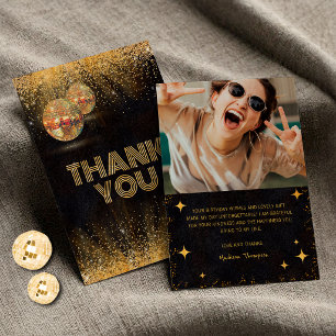 Chic Black Gold Glitter Disco Balls Birthday Photo Thank You Card