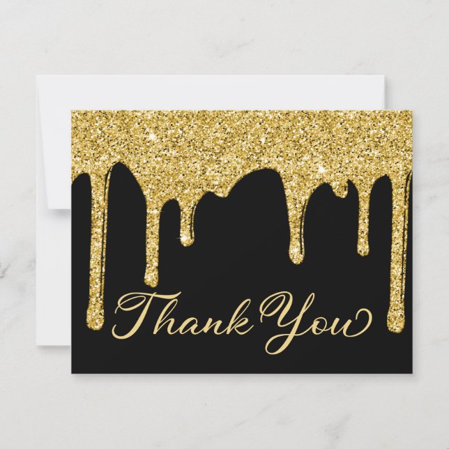 Chic Black Gold Glitter Drips Party Thank You (Front)