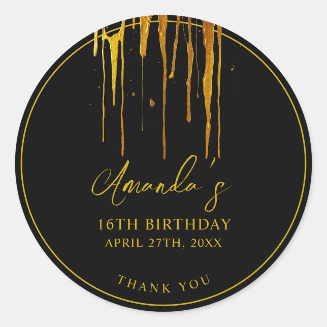 Chic Black & Gold Glitter Drips Sweet 16 Birthday Classic Round Sticker (Front)