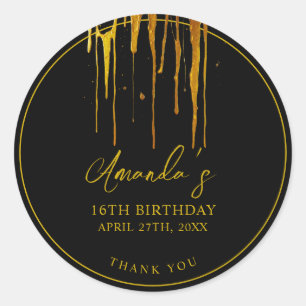 Chic Black & Gold Glitter Drips Sweet 16 Birthday Classic Round Sticker