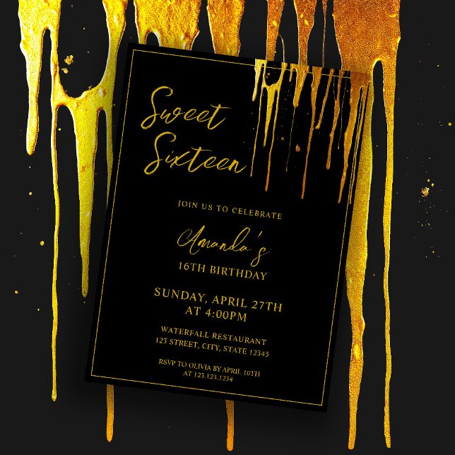 Chic Black & Gold Glitter Drips Sweet 16 Birthday Invitation (Creator Uploaded)