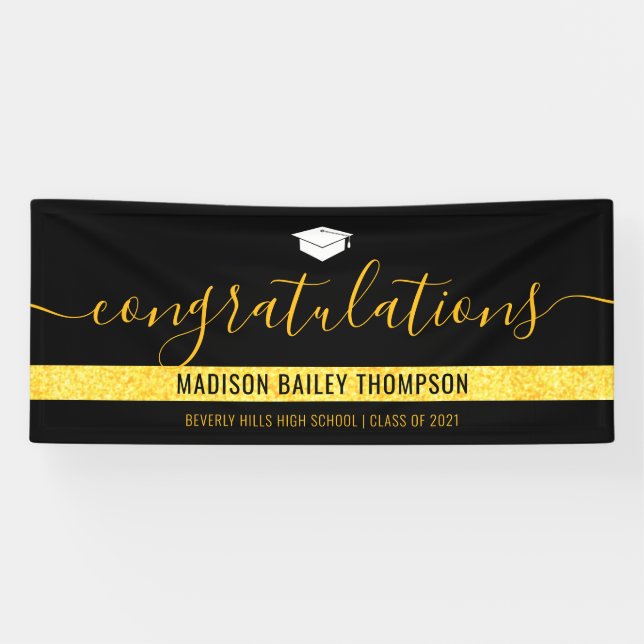 Chic Black Gold Glitter Graduation Banner (Horizontal)