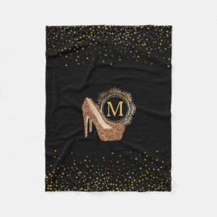 Chic Black Gold Glitter High Heel Shoes Diva Fleece Blanket