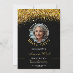 Chic Black & Gold Glitter Ladies 60th Birthday Invitation